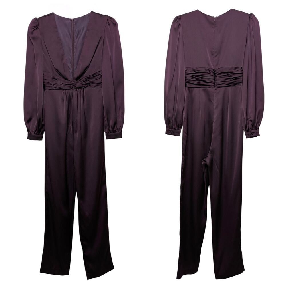 Plum Satin Puff Sleeve Straight Leg Jumpsuit Deep V Formal Evening Sz 2 EUC - Picture 11 of 11